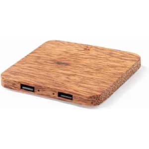 A wooden charging pad with a square shape, featuring two USB ports on one side.