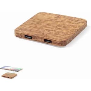 A wooden charging pad with two USB ports, featuring a smooth, natural finish.