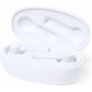 White earbuds in a charging case, featuring a minimalist design and an internal resting section for the earbuds.