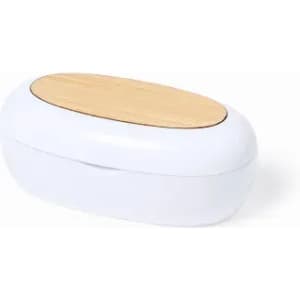 A white storage container with a bamboo lid, featuring a smooth, oval shape and a simple design.