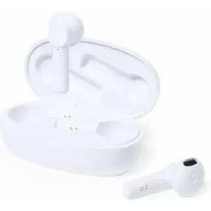 A pair of white wireless earbuds in a charging case, with one earbud outside the case.