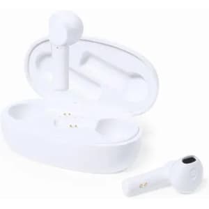 A pair of white wireless earbuds with a charging case. The case is slightly open, showing the earbuds inside.