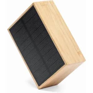 A wooden speaker with a rectangular shape, featuring a black speaker mesh on one side. It has a natural wood finish.