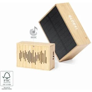 A wooden speaker with black speaker grills, featuring a logo and an FSC certification badge.