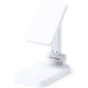 A desk lamp featuring a white, adjustable light panel and a sturdy base with control buttons.