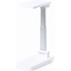 A desk lamp with a sleek white design and adjustable arm, featuring a stable rectangular base.
