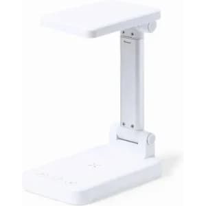 A desk lamp featuring a white finish, adjustable arm, and a stable base. It includes touch controls on the base.