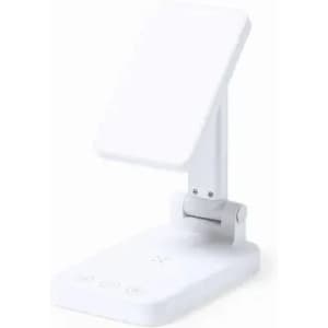 A desk lamp in white with an adjustable head and a base featuring control buttons.
