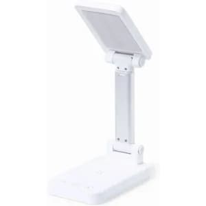 A desk lamp with a sleek white design, featuring an adjustable head and sturdy base.