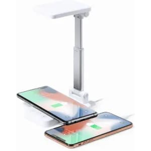 A wireless charging station with a white base and adjustable arm, featuring two smartphones charging simultaneously.