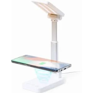 A desk lamp with a wireless charging pad, featuring a white design and adjustable light panel.