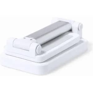 A white and silver product with a rolling mechanism, featuring a sturdy base and a sleek design.