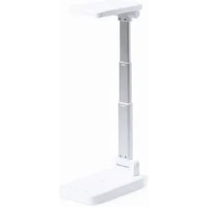 A white adjustable desk lamp with a flat top and a sturdy base, featuring a simple, modern design.