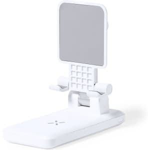 A phone holder in white with an adjustable stand and a mirror on top. It features a grid design on the back.