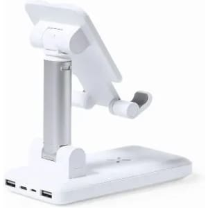 A phone stand in white and silver with adjustable arms and three USB ports on the base.
