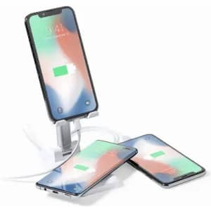 A phone charging station with three phones displayed, featuring a sleek design and a white base.