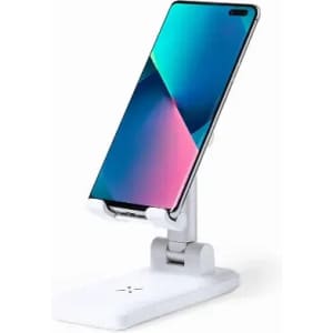 A mobile phone stand in white with adjustable height and angle, holding a smartphone displaying a vibrant screen.