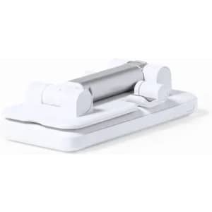 A portable white device featuring a silver cylindrical section and adjustable components. It has a simple, modern design.
