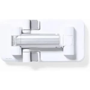 A compact white device with a central cylindrical component and adjustable hinges, featuring a logo.