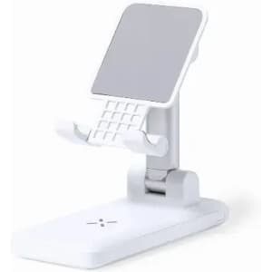 A phone stand in white with an adjustable holder and a wide base for stability. Features a sleek, modern design.