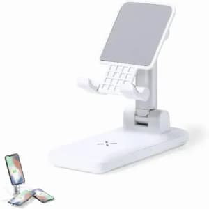 A phone stand in white with an adjustable holder and a flat base, designed for supporting devices.