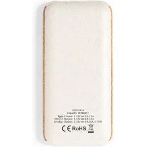 A power bank with a white and brown design, featuring a logo and technical specifications on the back.