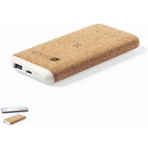 A portable charger with a cork exterior and white ends, featuring a USB port and indicator lights.
