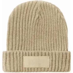 A knitted beanie hat in beige with a ribbed texture and a folded cuff. It features a blank label.