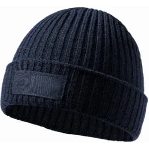 A navy blue knitted beanie with a ribbed pattern and a folded cuff, featuring a plain patch.