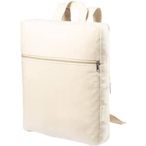 A cream-coloured backpack with two shoulder straps and a front zip pocket, featuring a small logo.