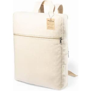 A backpack in a natural beige colour with a front zipper pocket and two shoulder straps. It features a logo tag.