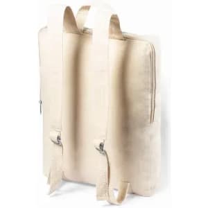 A beige backpack with two straps and a zip closure, featuring a simple design and no visible branding.