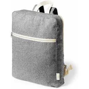 A grey backpack with a front zip pocket and adjustable shoulder straps. It has a simple, modern design.