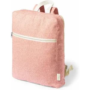 A pink backpack with a zippered front pocket and adjustable straps, featuring a textured fabric design.
