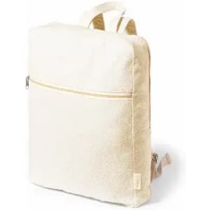 A cream-coloured backpack with a front zip pocket and adjustable straps. It has a minimalist design and a branding logo.