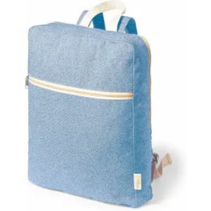A backpack in a light blue fabric with a front zip pocket and adjustable straps. It features a logo on the side.