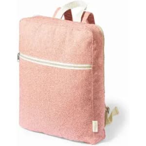 A pink backpack with a textured design and a front zip pocket. It features two adjustable straps and a top handle.
