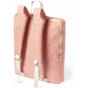 A pink backpack with two straps and a zippered compartment, featuring a textured fabric finish.