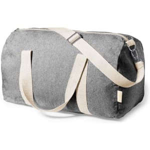 A grey duffle bag with cream-coloured straps and a zip closure, featuring a shoulder strap for carry options.