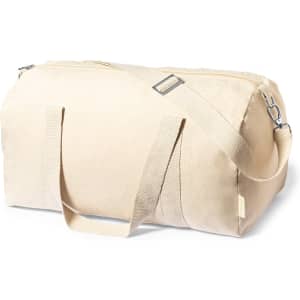 A beige duffel bag with a zip closure and sturdy handles, featuring an adjustable shoulder strap.