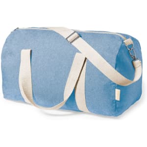 A duffle bag in light blue fabric with a long shoulder strap and dual handles. It has a zipper closure and a logo.