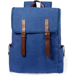 A blue backpack with brown leather straps and accents, featuring a front flap and side pockets.