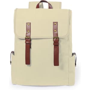 A cream-coloured backpack with brown leather straps and accents, featuring two front buckles and side pockets.