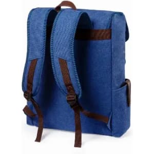 A blue backpack with brown straps and a side pocket, featuring a simple rectangular design and adjustable straps.