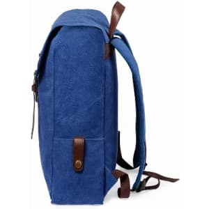 A blue backpack with brown leather accents, featuring a side view and adjustable straps.