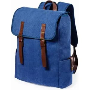 A blue backpack with brown leather straps and a flap closure, featuring side pockets and adjustable straps.