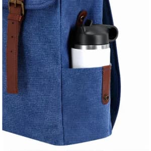 A blue backpack featuring a side pocket that holds a white drink bottle with a black lid.