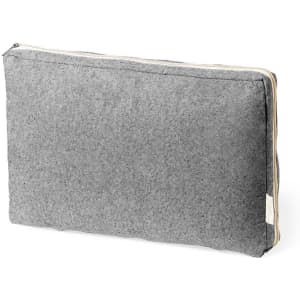 A grey cushion with a textured fabric and a zipper closure, featuring a cream-coloured lining.