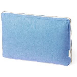 A blue cushion with a zip closure, featuring a textured fabric and a simple design.