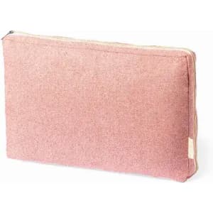 A pouch in a soft pink hue, featuring a zip closure and a simple design. It has a small branding label.